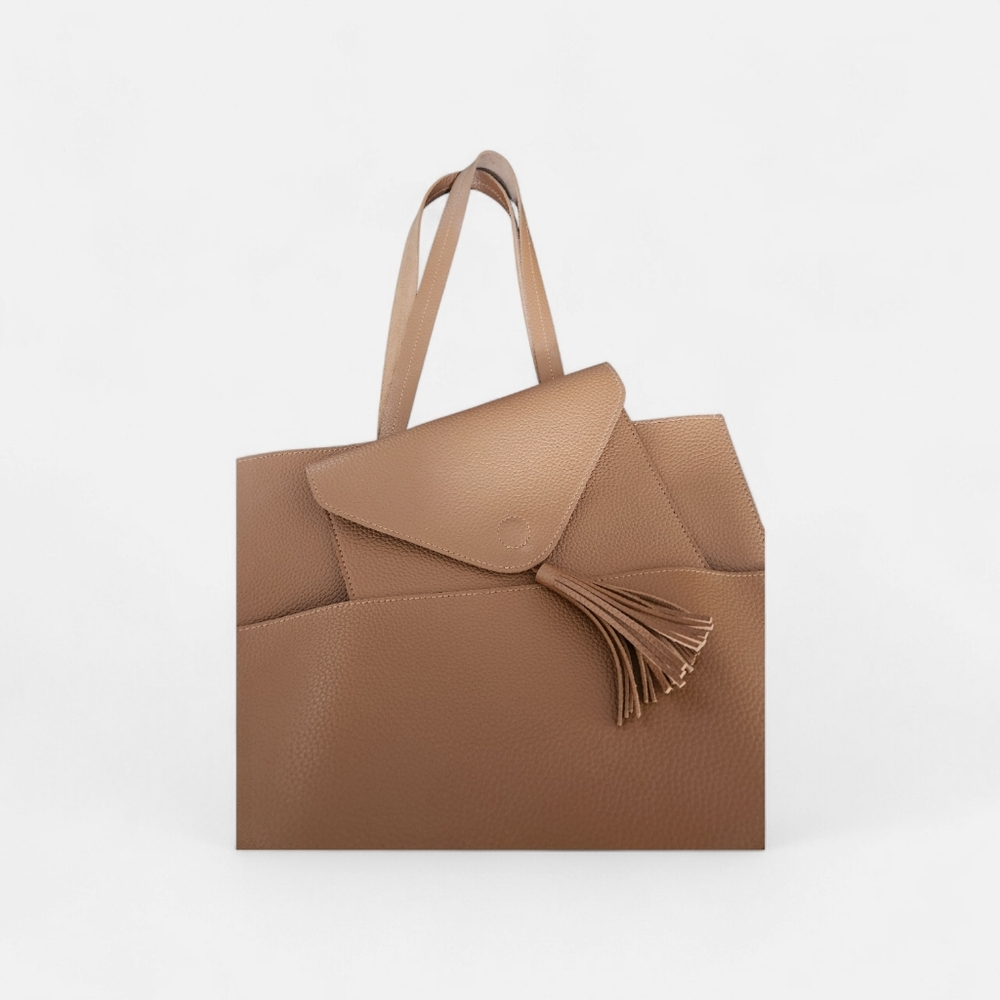 Vegan Pebble Leather Tote Bag Tassel Detail Brown Tan New Without Tags - Picture 8 of 8